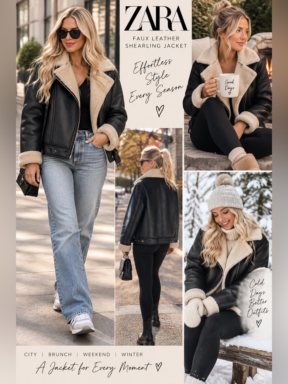 Zara Black Faux Leather Shearling Jacket with Cream Lining Moto Bicker Jacket M